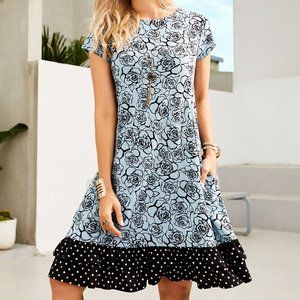 Suzanne Betro Dress Blue & Black Floral Ruffle-Hem Size XL